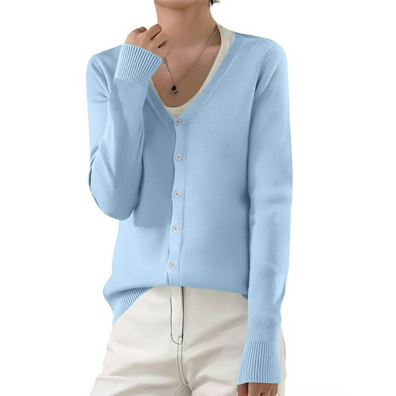 Cardigan Sweaters for Women 2025 Lightweight Knit Cardigan Long Sleeve V Neck Button Down Fall Outerwear Sky Blue M