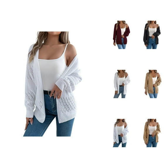 Cardigan Sweaters for Women 2025 Long Lattern Sleeve Eyelet Open Front Lightweight Knit Sweater Cardigans Outerwear