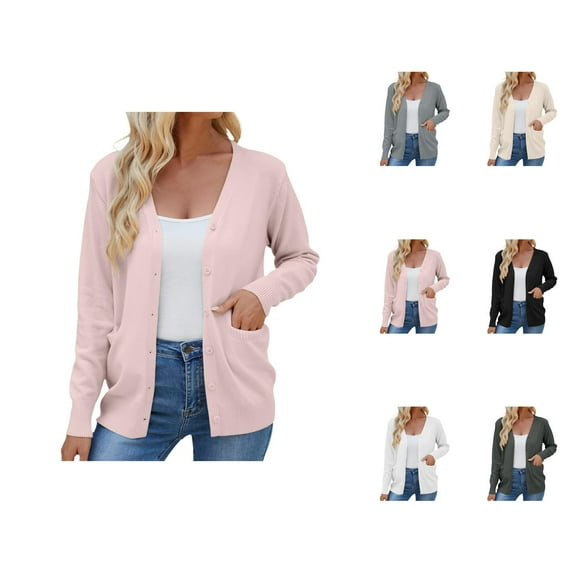Cardigan Sweaters for Women 2025 Long Sleeve V Neck Button Down Knit Plain Cardigan Sweater Blouse Outerwear