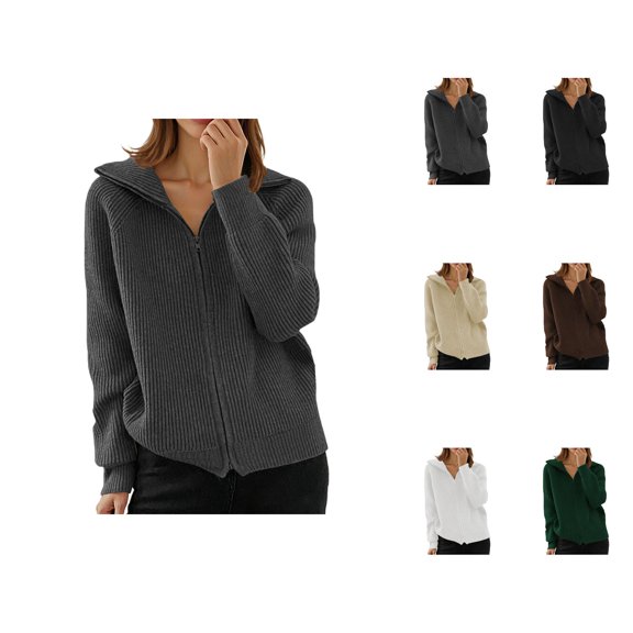 Cardigan Sweaters for Women 2025 Long Sleeve Zip Up Lapel Ribbed Knitted Sweater Jacket Coat Womens Cardigan Sweaters