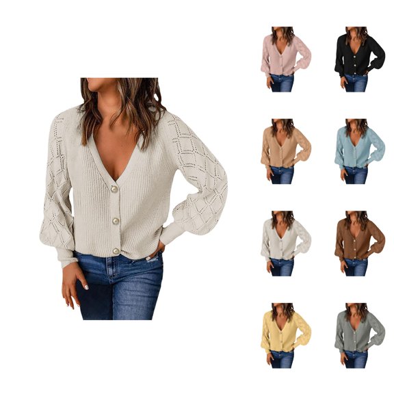 Cardigan Sweaters for Women 2025 Puff Sleeve Button V-Neck Knitted Sweater Jacket Coat Womens Cardigan Sweaters