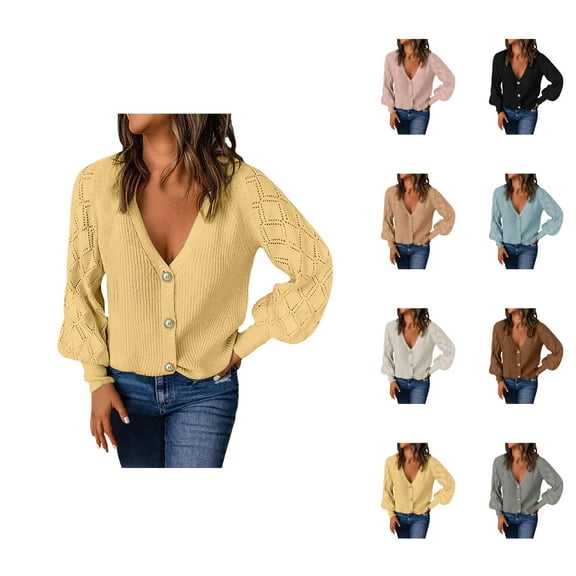 Cardigan Sweaters for Women 2025 Puff Sleeve Button V-Neck Knitted Sweater Jacket Coat Womens Cardigan Sweaters