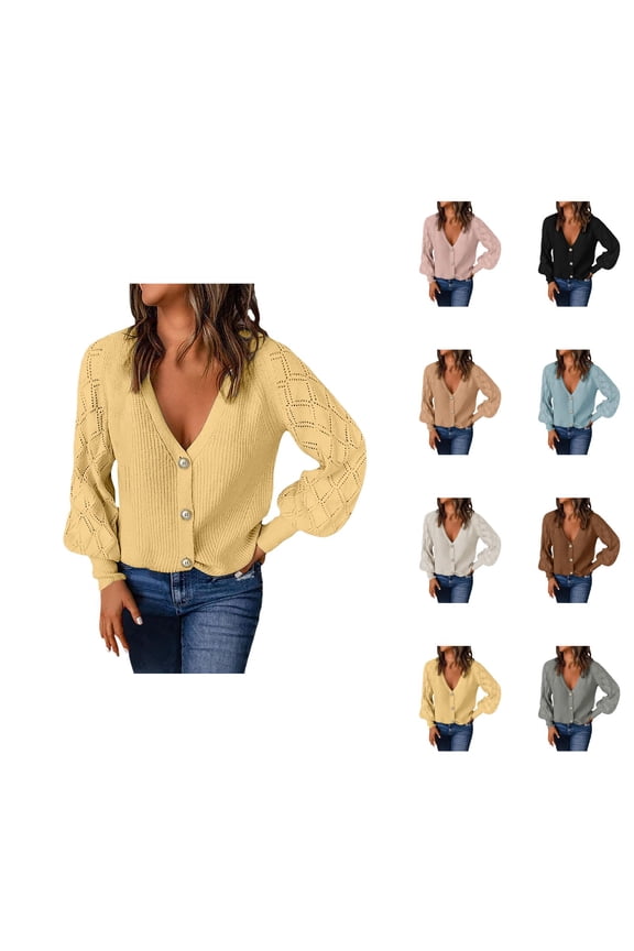 Cardigan Sweaters for Women 2025 Puff Sleeve Button V-Neck Knitted Sweater Jacket Coat Womens Cardigan Sweaters