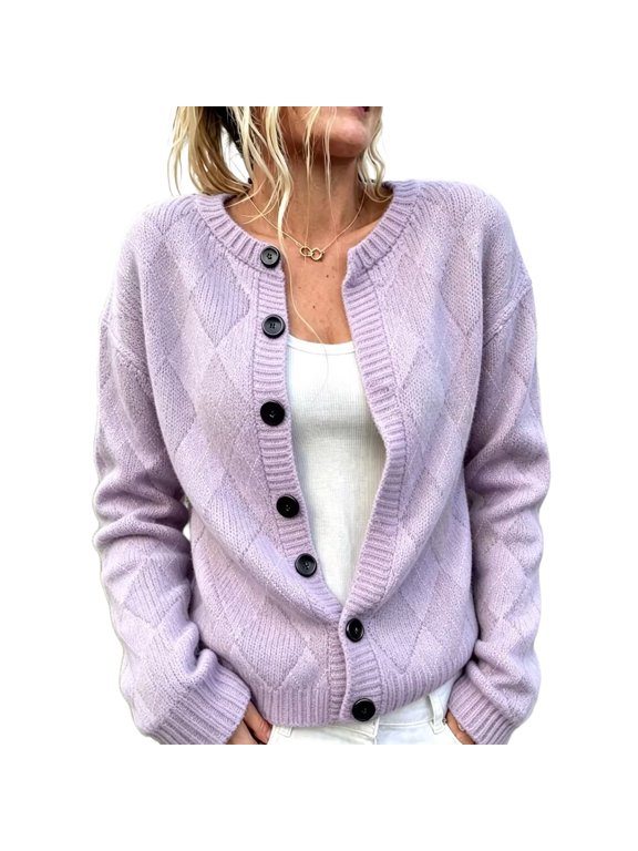 Cardigan Sweaters for Women Argyle Plaid Long Sleeve Knit Sweater Button Down Crew Neck Vintage Preppy Grandpa Cardigan for Fall Winter