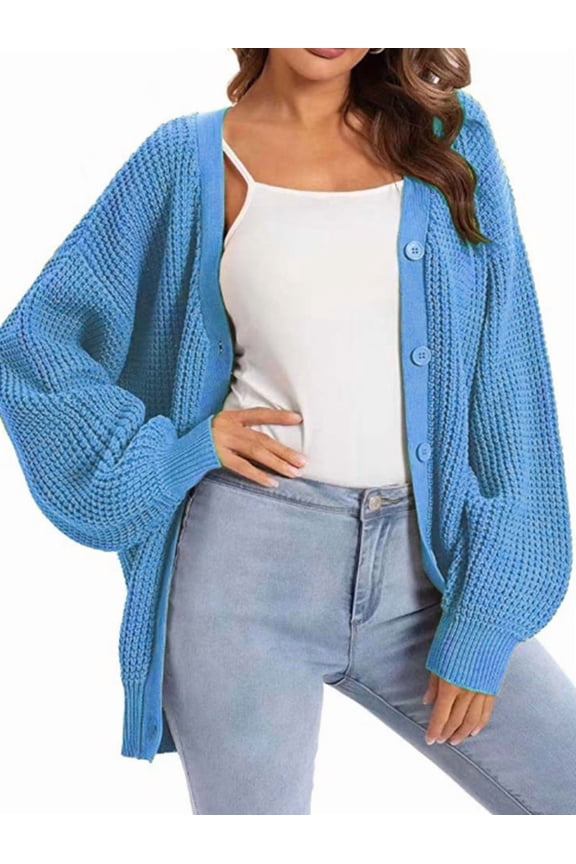 Cardigan Sweaters for Women Button-Down Long Sleeve Oversized Knit Outerwear Blue S