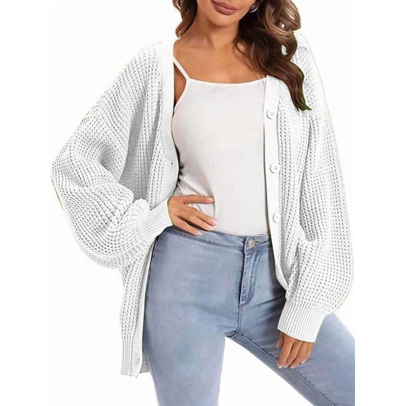 Cardigan Sweaters for Women Button-Down Long Sleeve Oversized Knit Outerwear White M