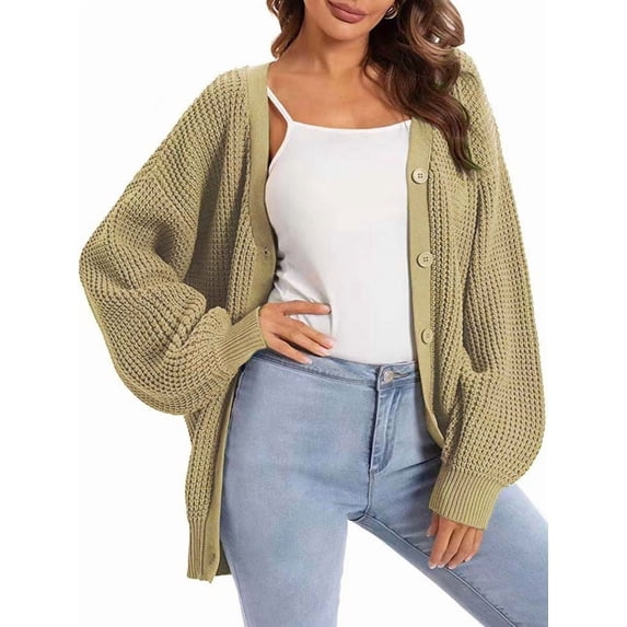 Cardigan Sweaters for Women Button-Down Long Sleeve Oversized Knit Outerwear Yellow Grey M