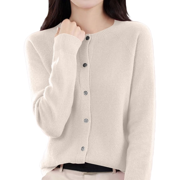 Cardigan Sweaters for Women Button Front Cardigans Long Sleeve Crew Neck Cozy Sweater Top Elegant Knitwear OIOLOYJM Beige S