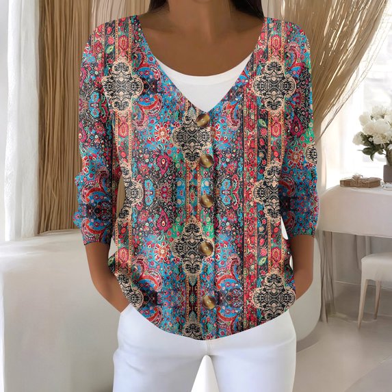 Cardigan Sweaters for Women Casual Button Down V Neck Knit Cardigans Sweater Fall Floral Print Boho Long Sleeve Clothe 02-Blue L