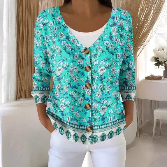 Cardigan Sweaters for Women Casual Button Down V Neck Knit Cardigans Sweater Fall Floral Print Boho Long Sleeve Clothe 08-Turquoise S