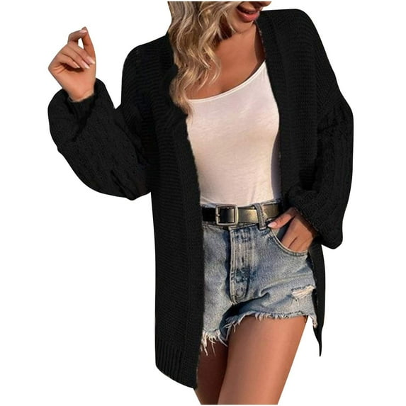 Cardigan Sweaters for Women Casual Lantern Sleeve Sweater Coat Lightweight Knit Solid Color Open Front Top (Black XL)