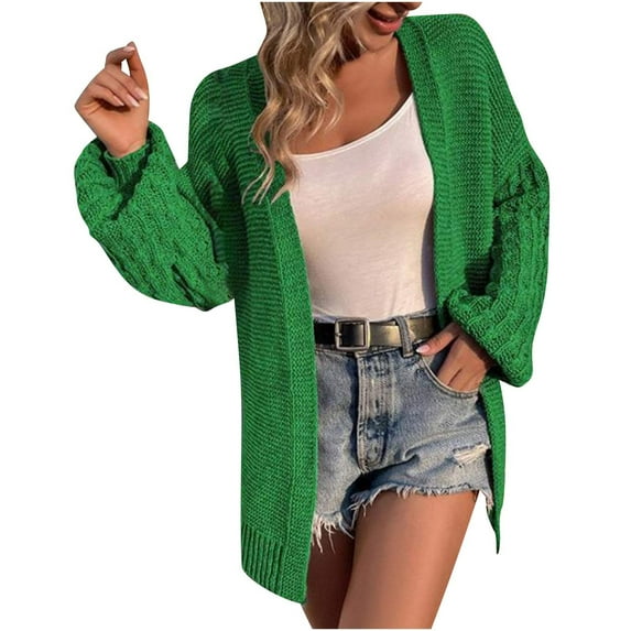 Cardigan Sweaters for Women Casual Lantern Sleeve Sweater Coat Lightweight Knit Solid Color Open Front Top (Green XL)