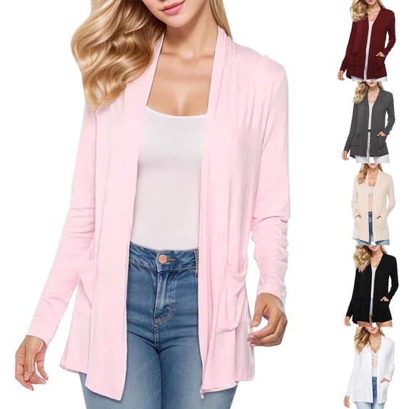 Cardigan Sweaters for Women Casual Lightweight with Pocketes Long Sleeve Solid Color Open Front Coat White