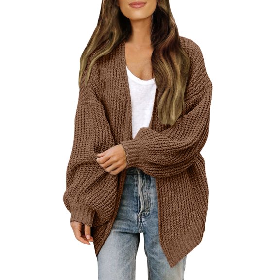 Cardigan Sweaters for Women Casual Long Sleeve Solid Color Open Front Soft Knit Fall Coat,Brown,S