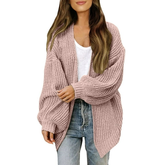 Cardigan Sweaters for Women Casual Long Sleeve Solid Color Open Front Soft Knit Fall Coat,Pink,2XL