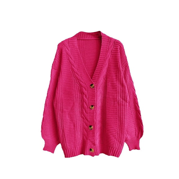 Cardigan Sweaters for Women Casual Solid Color Open Front Button V Neck Fall Coat,Hot Pink,M