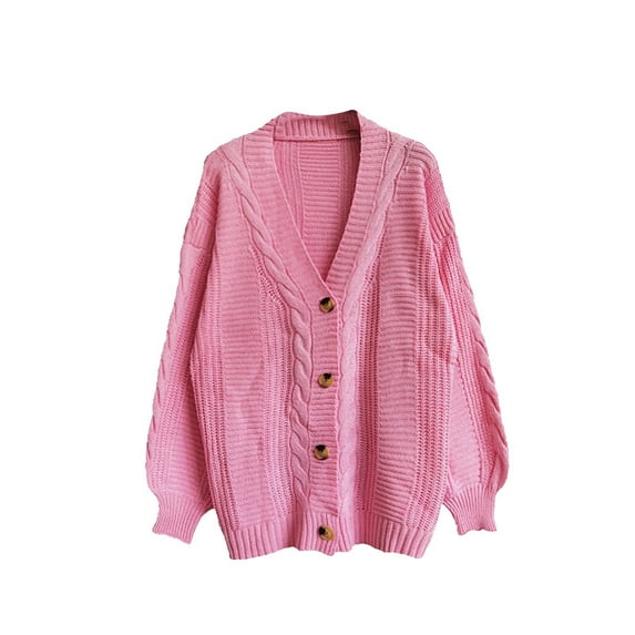Cardigan Sweaters for Women Casual Solid Color Open Front Button V Neck Fall Coat,Pink,2XL