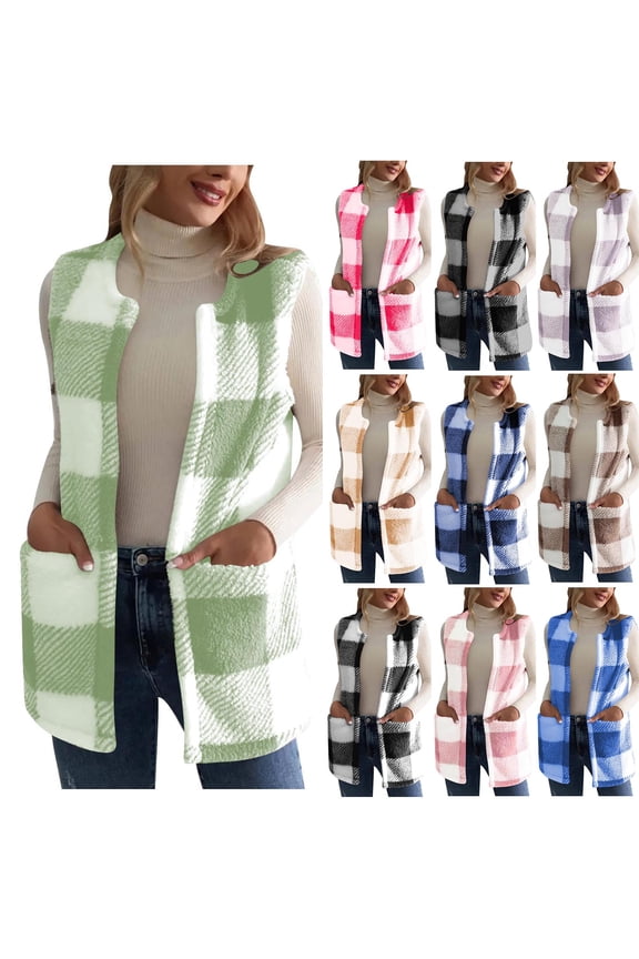 Cardigan Sweaters for Women Casual Women's Plaid Print Patch Patchwork Cardigans Pocket Sleeveless Cardigan Coat Tops, Size S-2XL