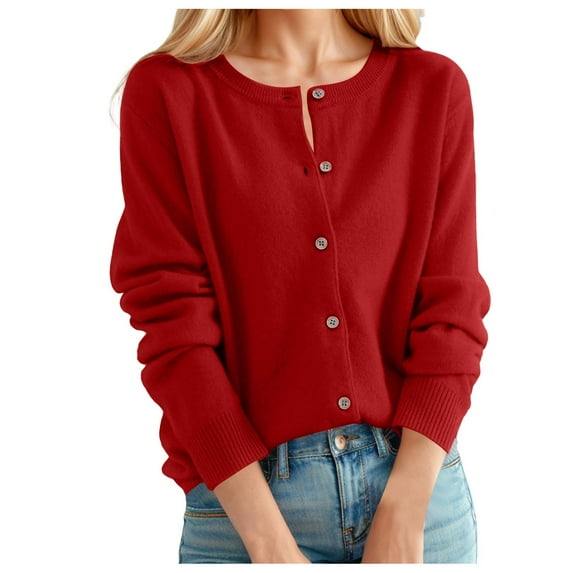 Cardigan Sweaters for Women Chic Crew Neck Long Sleeve Button Knit Sweater Casual Solid Color Relaxed Fit Women's Cardigans