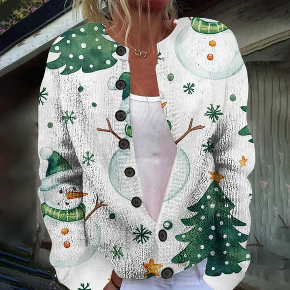 Cardigan Sweaters for Women Christmas Printed Casual Fall Winter Jacket Button Down Crew Neck Long Sleeve Loose Fit Light Green L