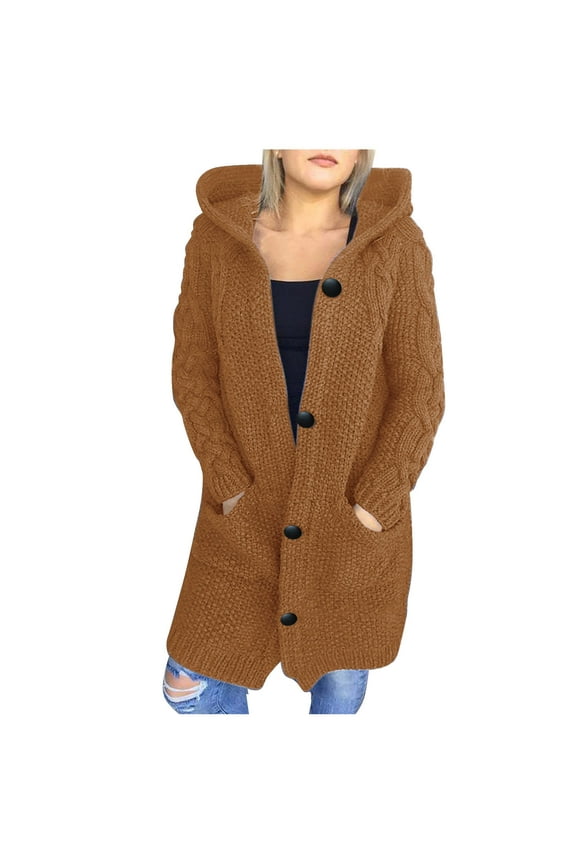 Cardigan Sweaters for Women Chunky Cable Knit Cardigan Jacket Solid Long Sweater Coat Down Hooded Sweater with Pocket Jackets for Women