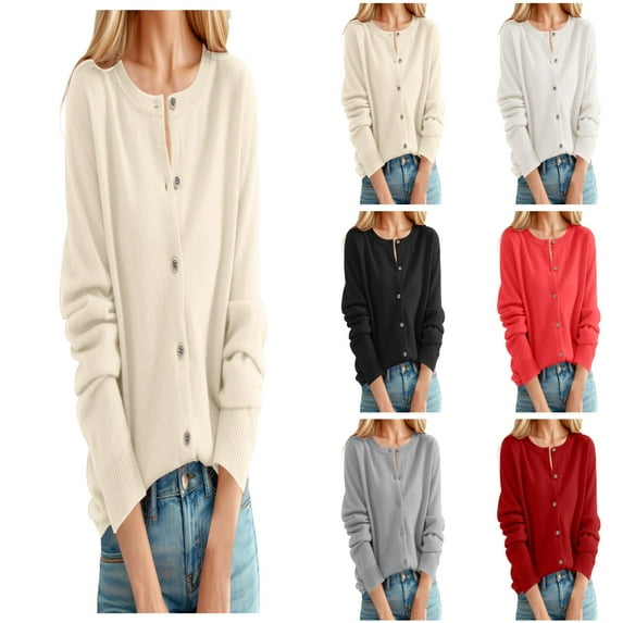 Cardigan Sweaters for Women Classic Crew Neck Buttons Solid Color Open Front Coat Long Sleeve Fall Winter Loose Caual Womens Cardigans Beige L
