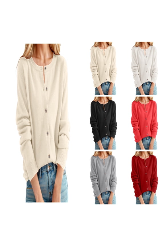 Cardigan Sweaters for Women Classic Crew Neck Buttons Solid Color Open Front Coat Long Sleeve Fall Winter Loose Caual Womens Cardigans Beige L