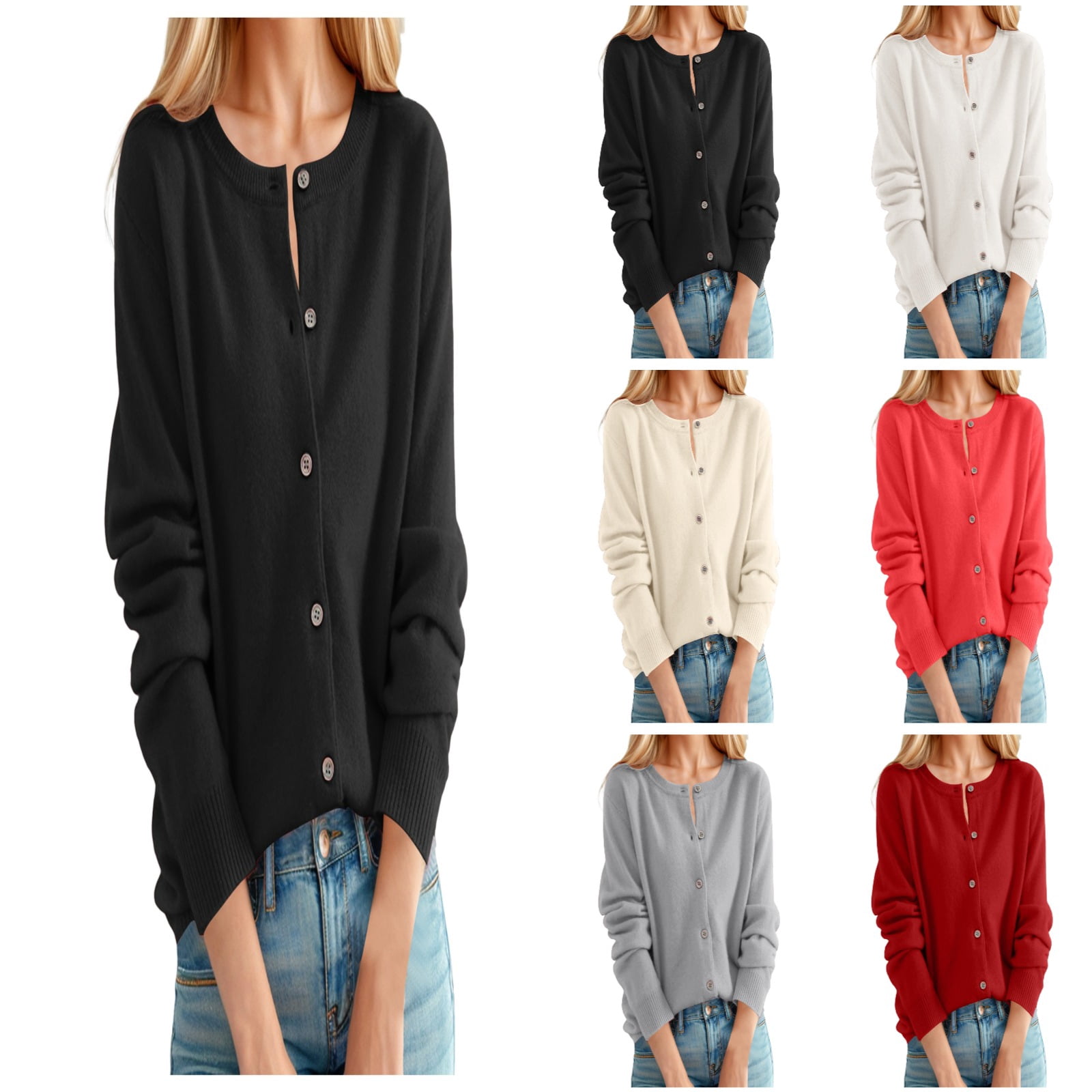 Cardigan Sweaters for Women Classic Crew Neck Buttons Solid Color Open ...