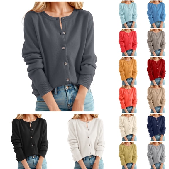 Cardigan Sweaters for Women Classic Crew Neck Buttons Solid Color Open Front Coat Long Sleeve Fall Winter Loose Caual Womens Cardigans Dark Gray M