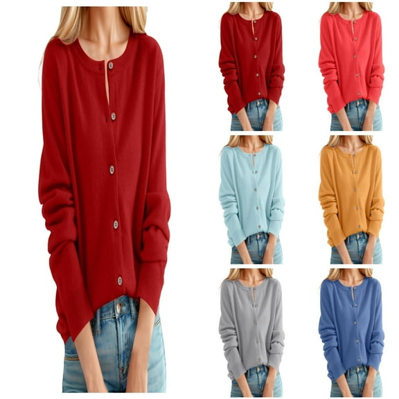 Cardigan Sweaters for Women Classic Crew Neck Buttons Solid Color Open Front Coat Long Sleeve Fall Winter Loose Caual Womens Cardigans L