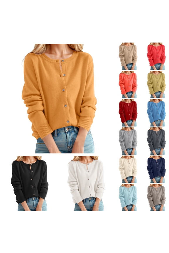 Cardigan Sweaters for Women Classic Crew Neck Buttons Solid Color Open Front Coat Long Sleeve Fall Winter Loose Caual Womens Cardigans Yellow L