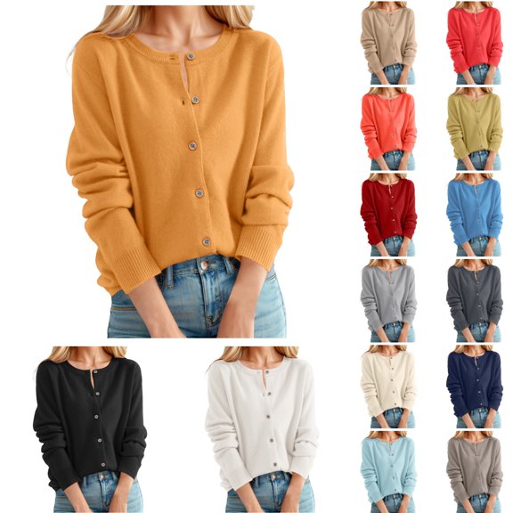 Cardigan Sweaters for Women Classic Crew Neck Buttons Solid Color Open Front Coat Long Sleeve Fall Winter Loose Caual Womens Cardigans Yellow M
