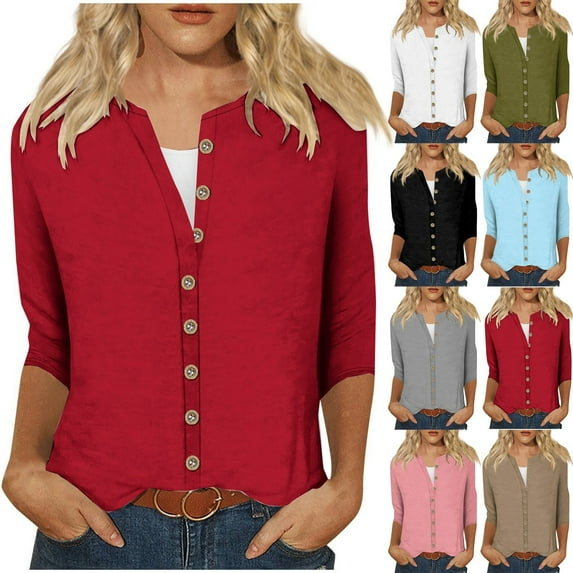 Cardigan Sweaters for Women Crew Neck 3/4 Sleeve Button Down Fall Blouses Open Front Solid Color Slim Fit Tunic Work Sweaters for Women Khaki S