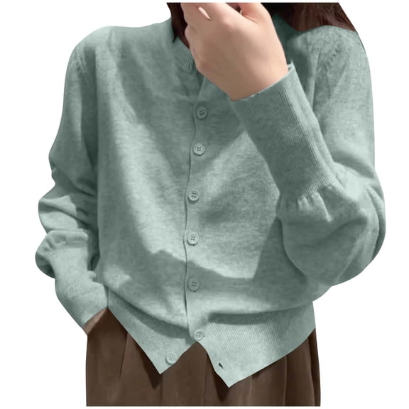 Cardigan Sweaters for Women Crewneck Button Down Front Long Sleeve Knit Top Green Free Size