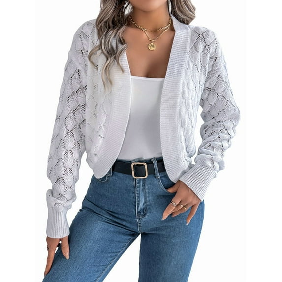 Cardigan Sweaters for Women Crochet Open Front Short Jacket Fall Winter Lantern Sleeve Cover Up White S