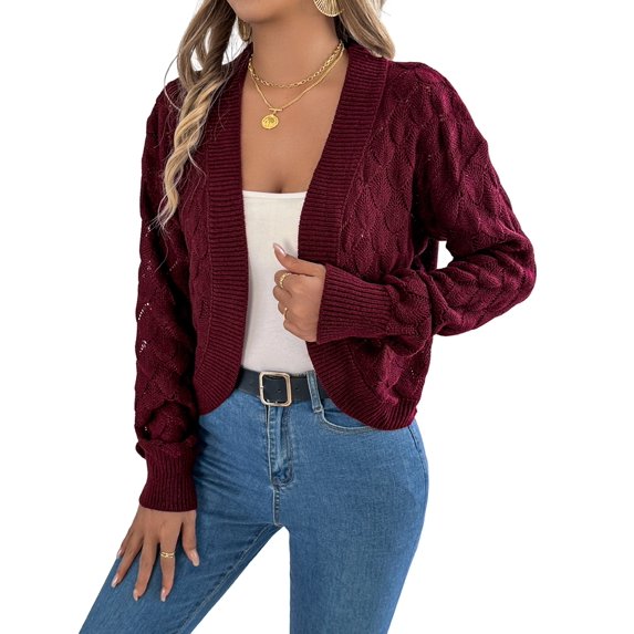 Cardigan Sweaters for Women Crochet Open Front Short Jacket Fall Winter Lantern Sleeve Cover Up Wine Red S