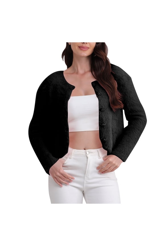 Cardigan Sweaters for Women Cropped Long Sleeve Crew Neck Solid Button Down Sweaters 2024 Fall Winter Jacket with Pockets