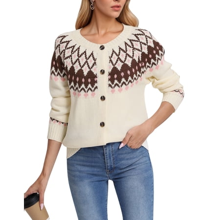 Cardigan Sweaters for Women Fair Isle Sweater Long Sleeve Open Front Buton Down Soft Fall Sweaters Knitted Cardigan S-XL Alsol Lamesa
