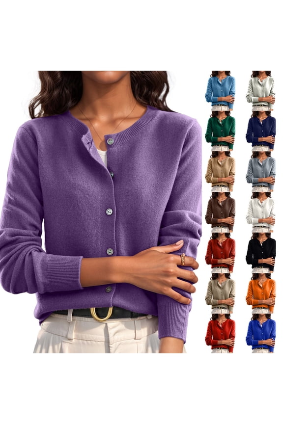Cardigan Sweaters for Women Fall Solid Button Up Knit Tops Lightweight Trendy Warm Soft Clothes Purple XL