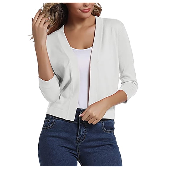 Cardigan Sweaters for Women Fall Winter Casual Loose Knitted Open Front Outwear Cropped Solid Color Comfy Tops,White,S