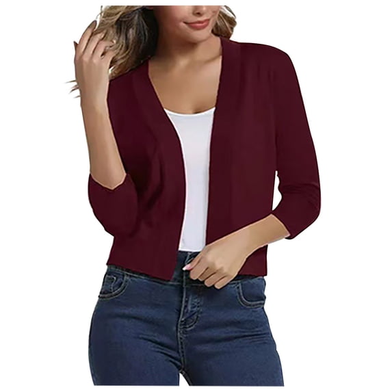 Cardigan Sweaters for Women Fall Winter Casual Loose Knitted Open Front Outwear Cropped Solid Color Comfy Tops,Wine,L