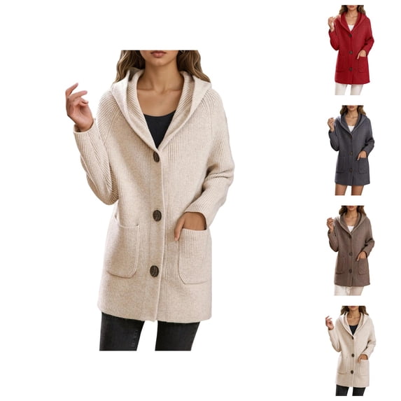 Cardigan Sweaters for Women Fall Winter Long Sleeve Heavyweight Button Down Ribbed Knit Hooded Sweater Coats with Pockets