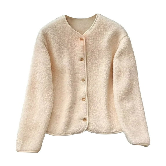 Cardigan Sweaters for Women Fleece Long Sleeve Coat Button Jacket Solid Color Winter Outwear Fuzzy Casual Sweatshirt (Beige XL)
