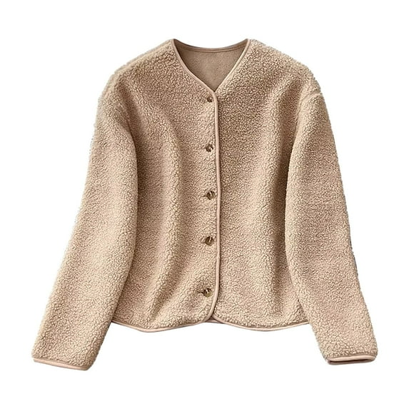 Cardigan Sweaters for Women Fleece Long Sleeve Coat Button Jacket Solid Color Winter Outwear Fuzzy Casual Sweatshirt (Khaki L)