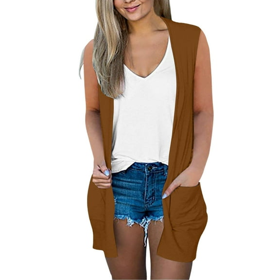 Cardigan Sweaters for Women Hemlock Casual Solid Print V Neck Coat Open Front Lightweight Cardigan Sleeveless Loose Outwear With Pockets Sweater