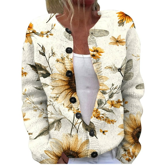 Cardigan Sweaters for Women Hemlock Fall Cute Print Open Front Knit Cardigan Sweater Winter Casual Loose Button Down Long Sleeve Coat Sweater