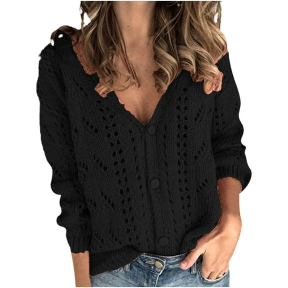 Cardigan Sweaters for Women Hemlock Solid V-Neck Single-Breasted Buttons Hollow Out Cardigan Sweater