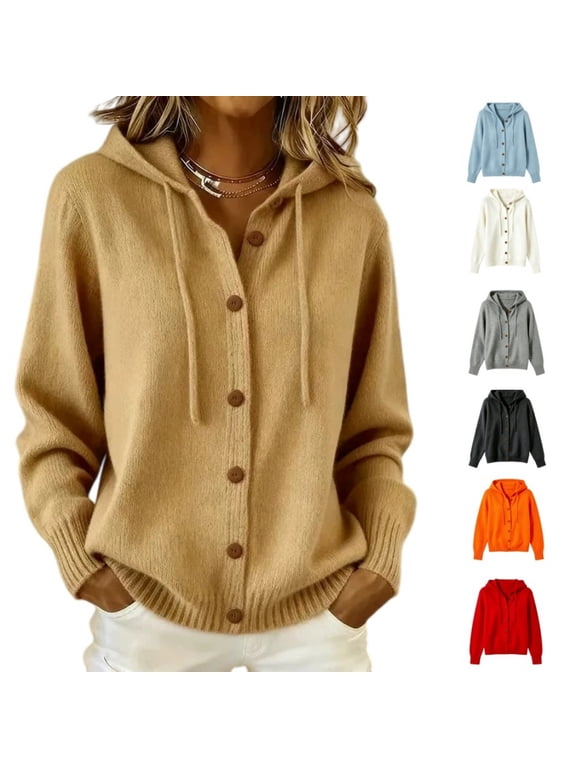 Cardigan Sweaters for Women Hooded Long Sleeve Button Front Loose Outwear Casual Soft Knit Sweaters Tops