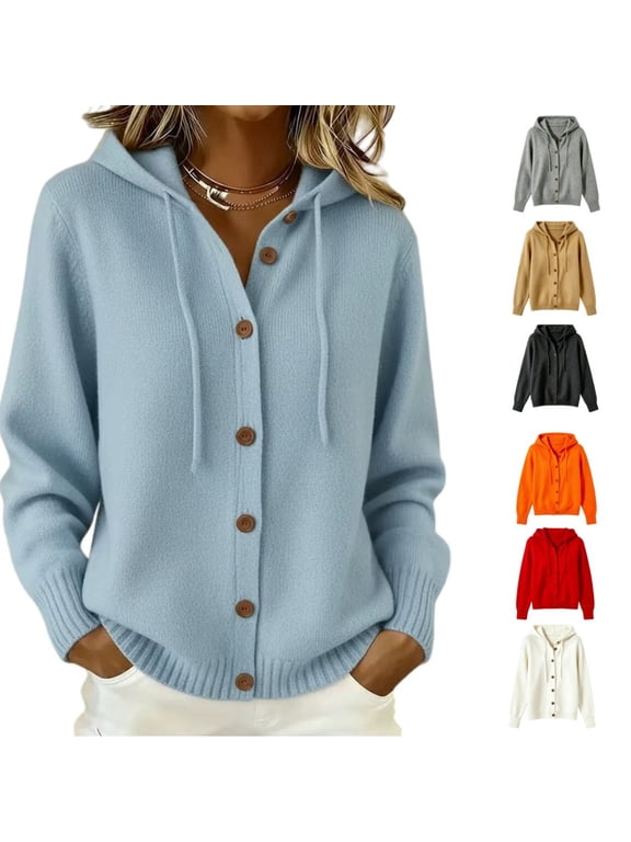 Cardigan Sweaters for Women Hooded Long Sleeve Button Front Loose Outwear Casual Soft Knit Sweaters Tops