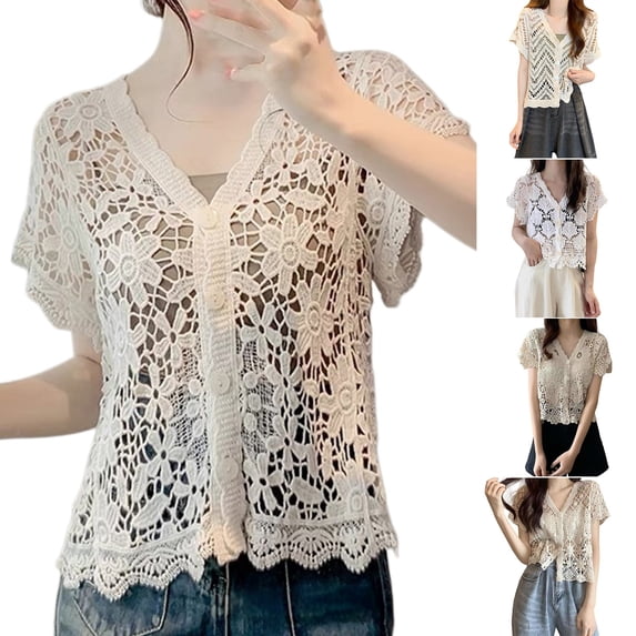 Cardigan Sweaters for Women Kelon Women Crochet Lace Cropped Cardigan V Neck Short Sleeve Button Front Hollow Out Knit Cover Up